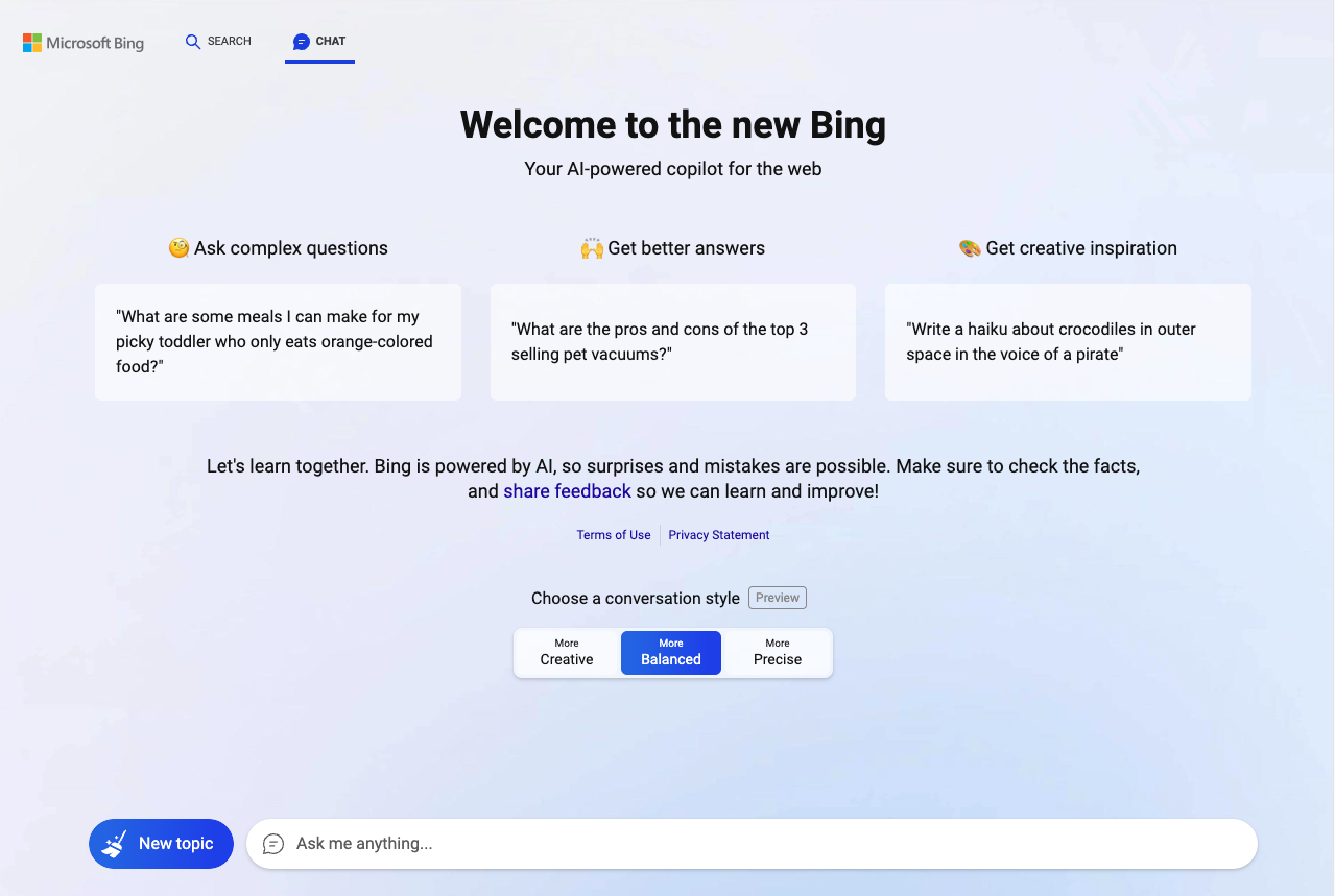 Bing Search AI User Interface